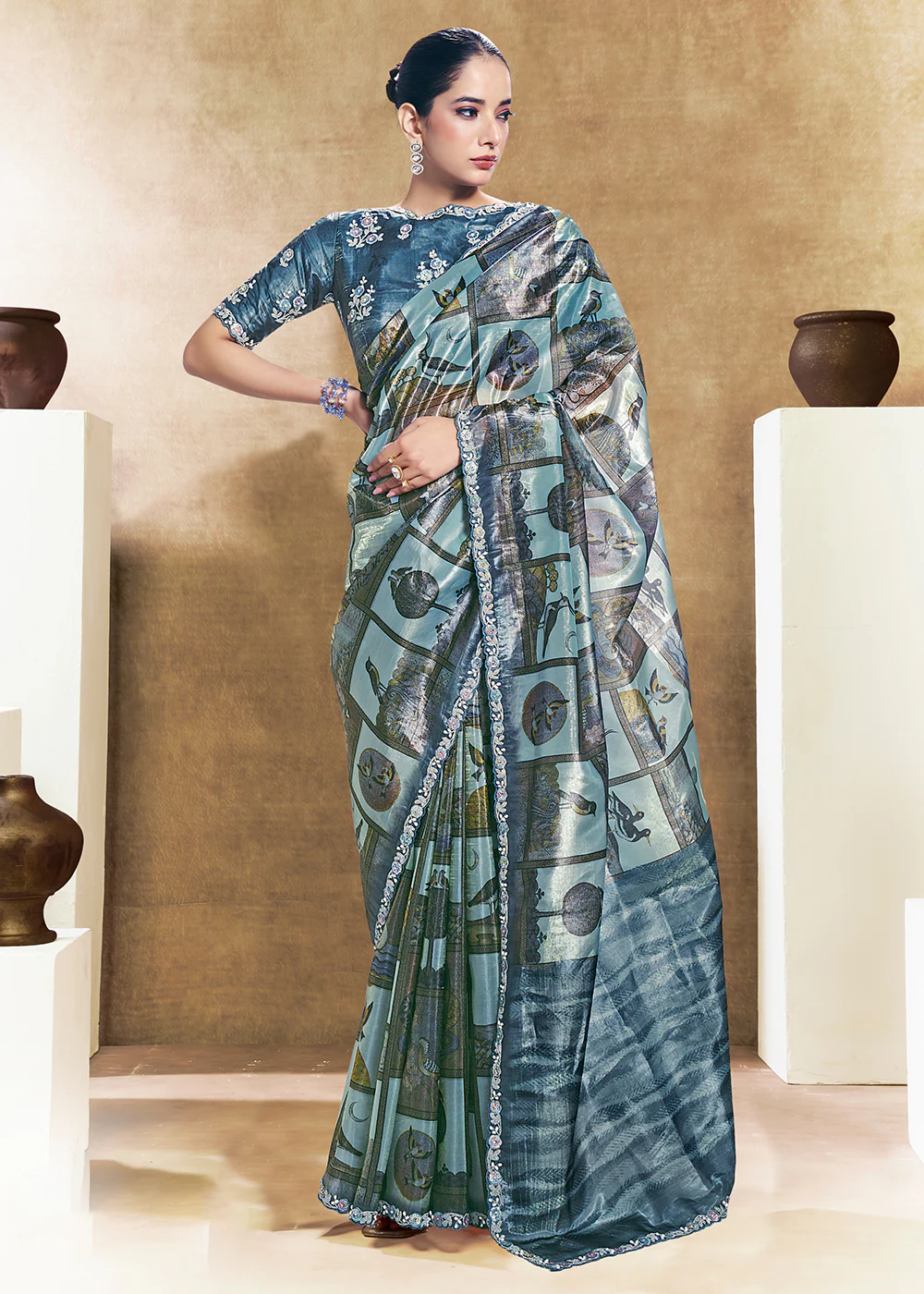 Blue Two Tone Satin Silk Printed & Embroidered Festive Saree