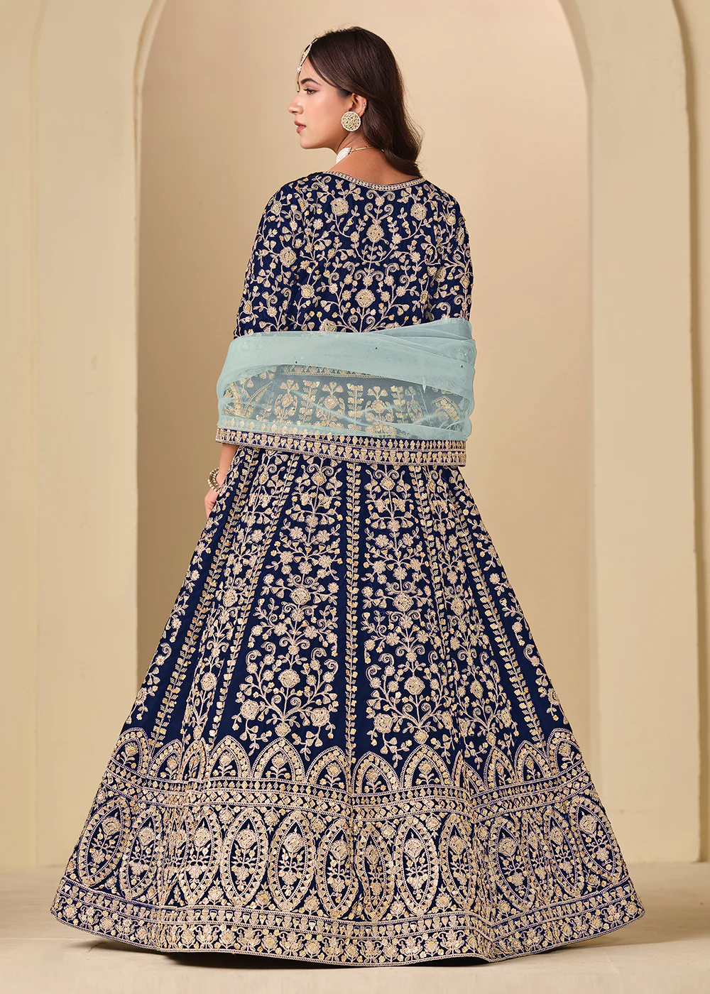 Blue Velvet Embroidered Wedding Party Wear Gown - Image 3