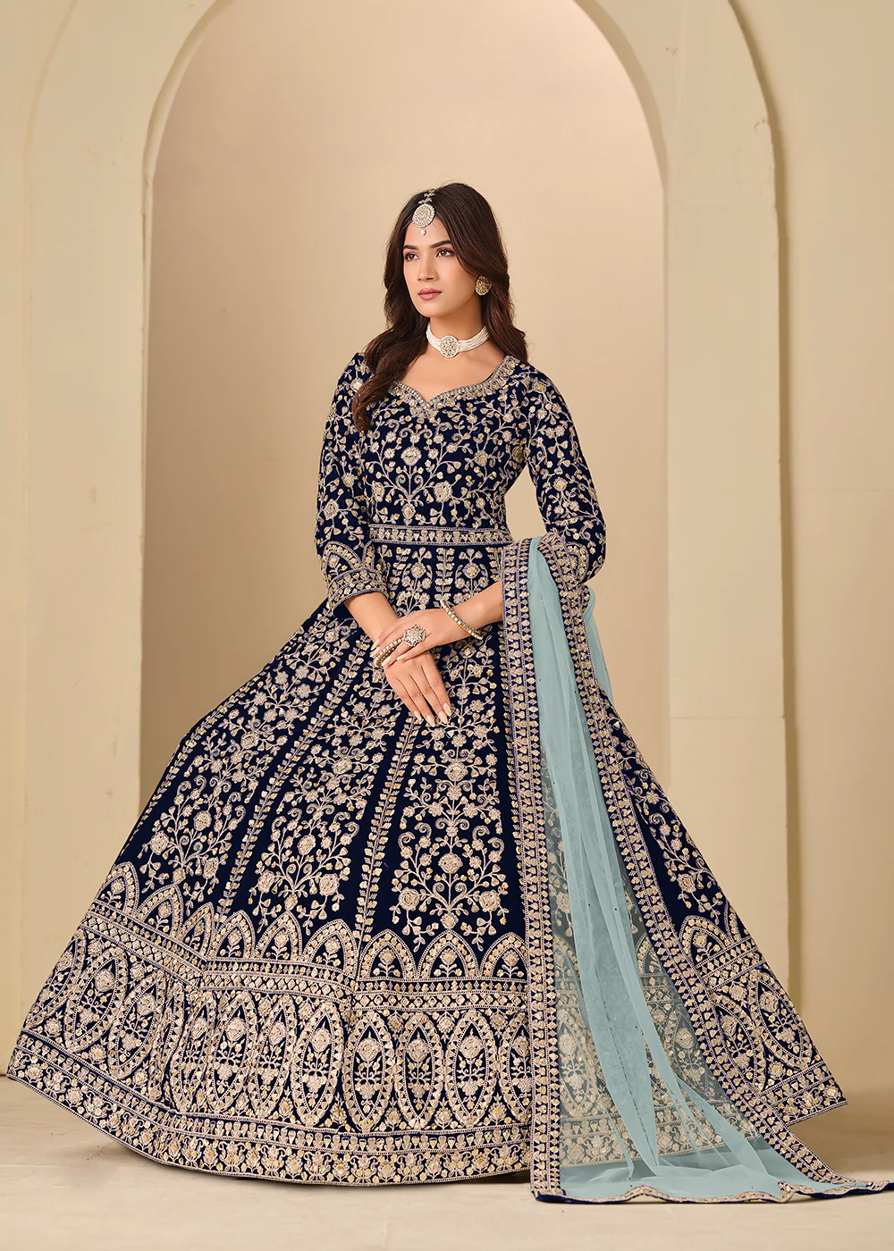 Blue Velvet Embroidered Wedding Party Wear Gown - Image 4