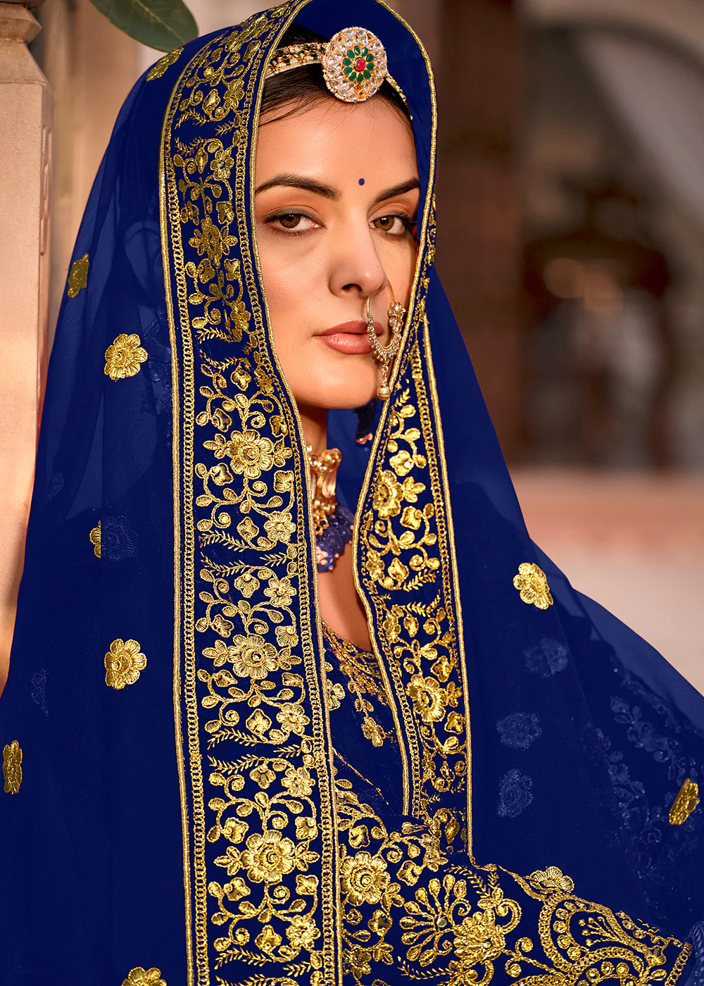 Blue Velvet Front & Back Embroidery Wedding Anarkali Suit - Image 3