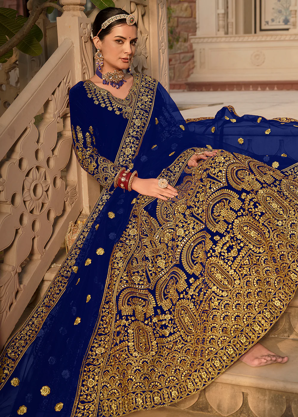 Blue Velvet Front & Back Embroidery Wedding Anarkali Suit - Image 4