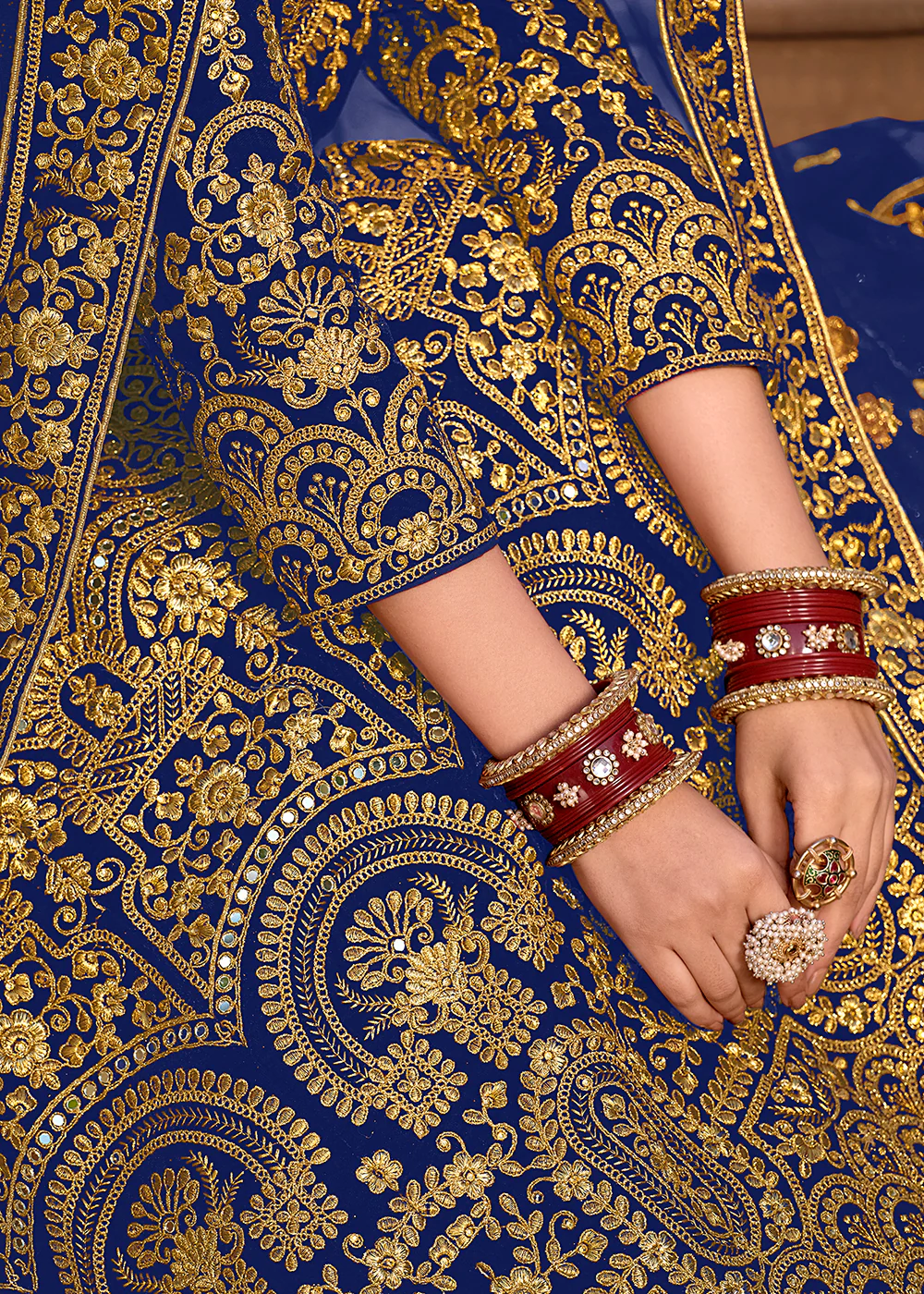 Blue Velvet Front & Back Embroidery Wedding Anarkali Suit - Image 5