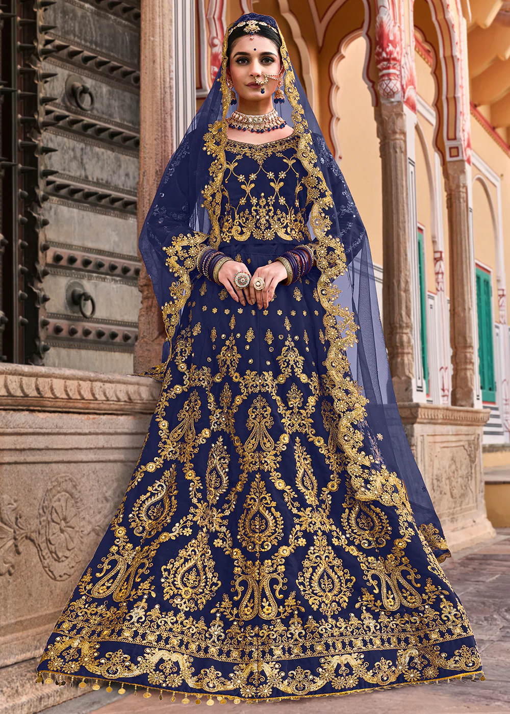 Blue Velvet Heavy Embroidered A Line Lehenga Choli