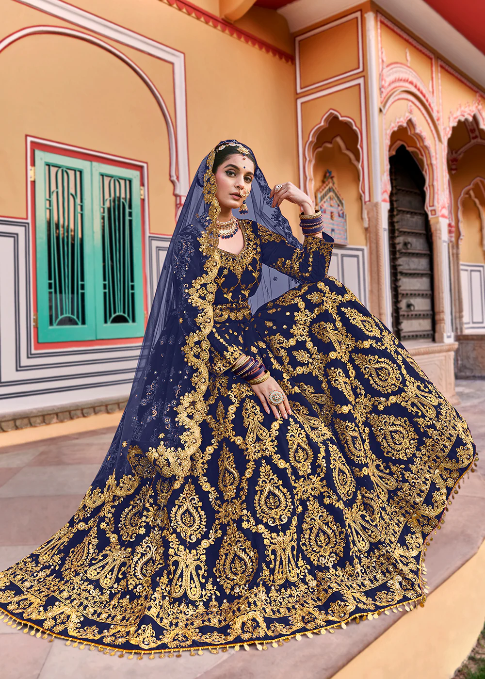 Blue Velvet Heavy Embroidered A Line Lehenga Choli - Image 5