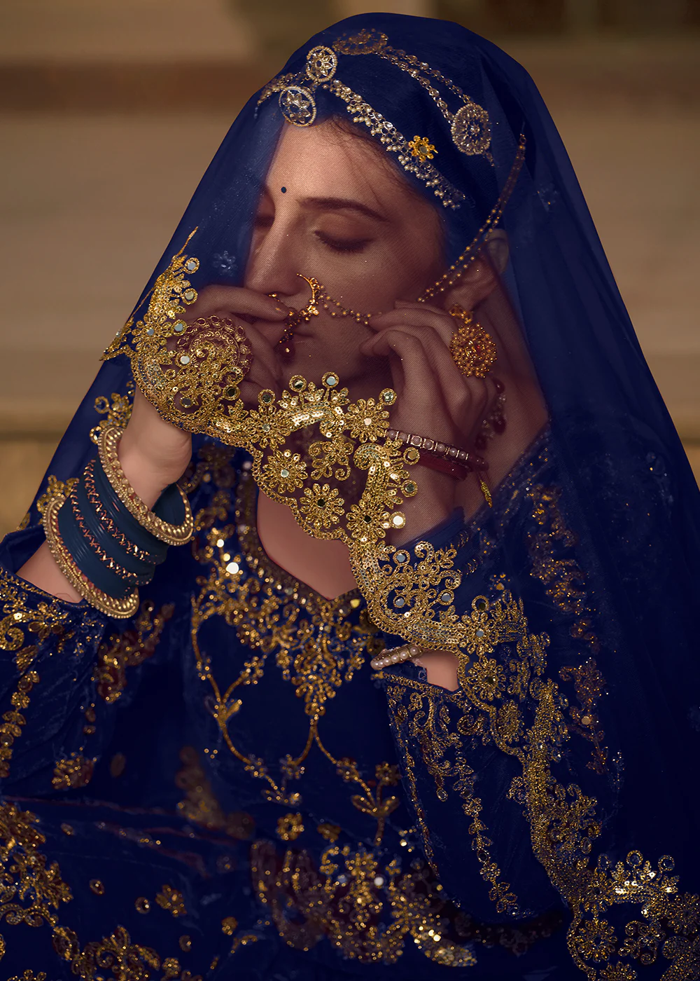 Blue Velvet Heavy Embroidered A Line Lehenga Choli - Image 6