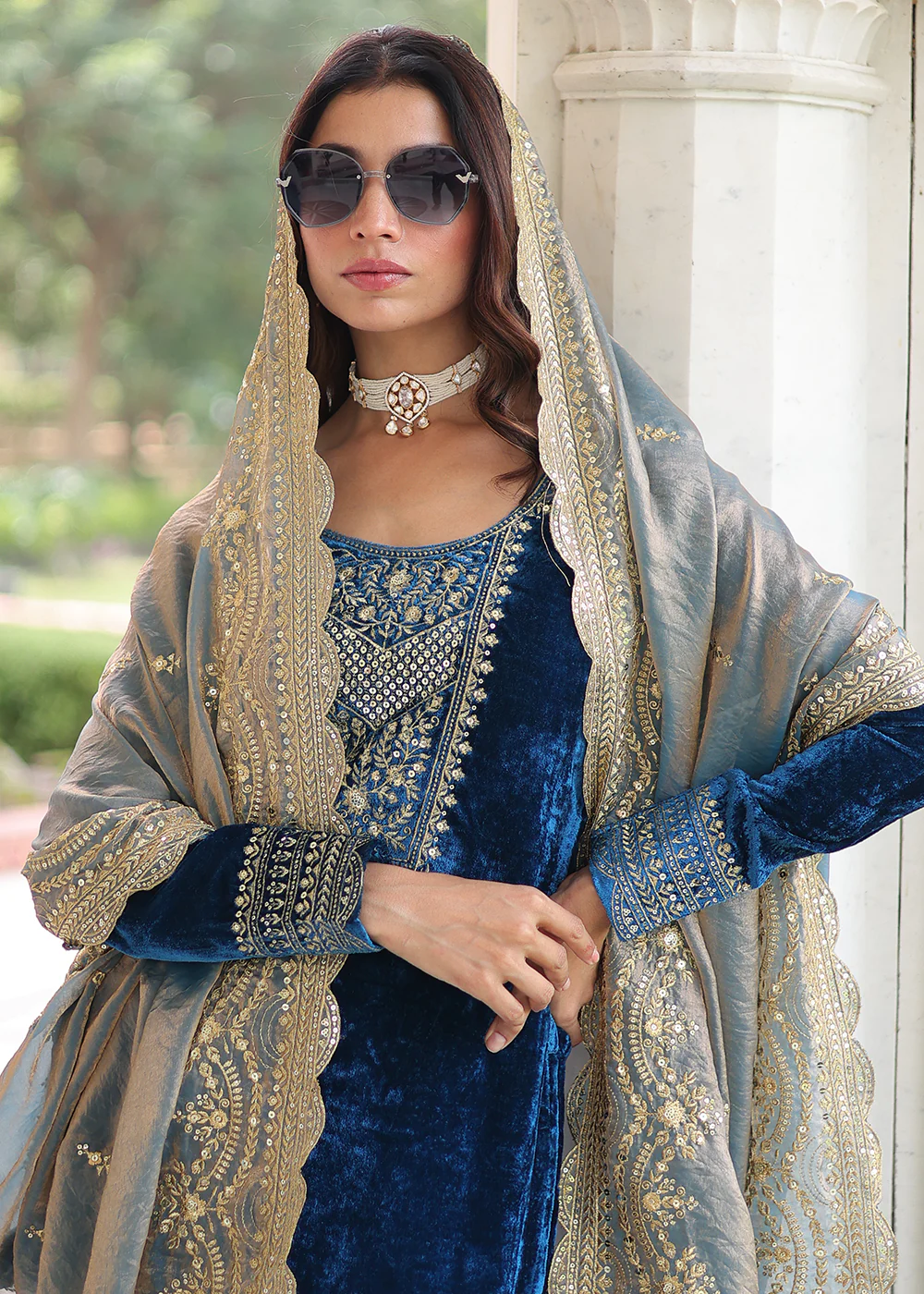 Blue Velvet Sequins Work Festive Salwar Suit - Image 4