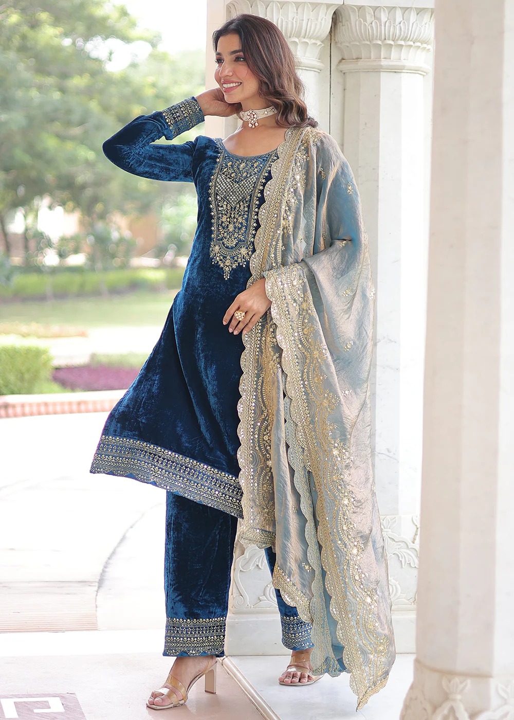 Blue Velvet Sequins Work Festive Salwar Suit - Image 5