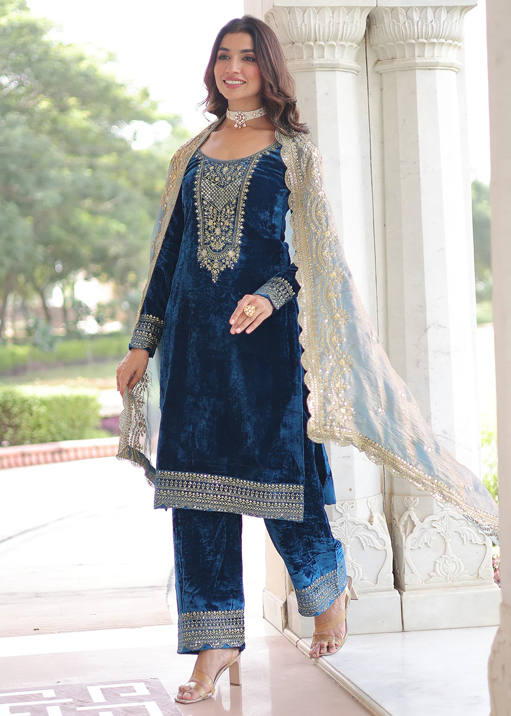 Blue Velvet Sequins Work Festive Salwar Suit - Image 7