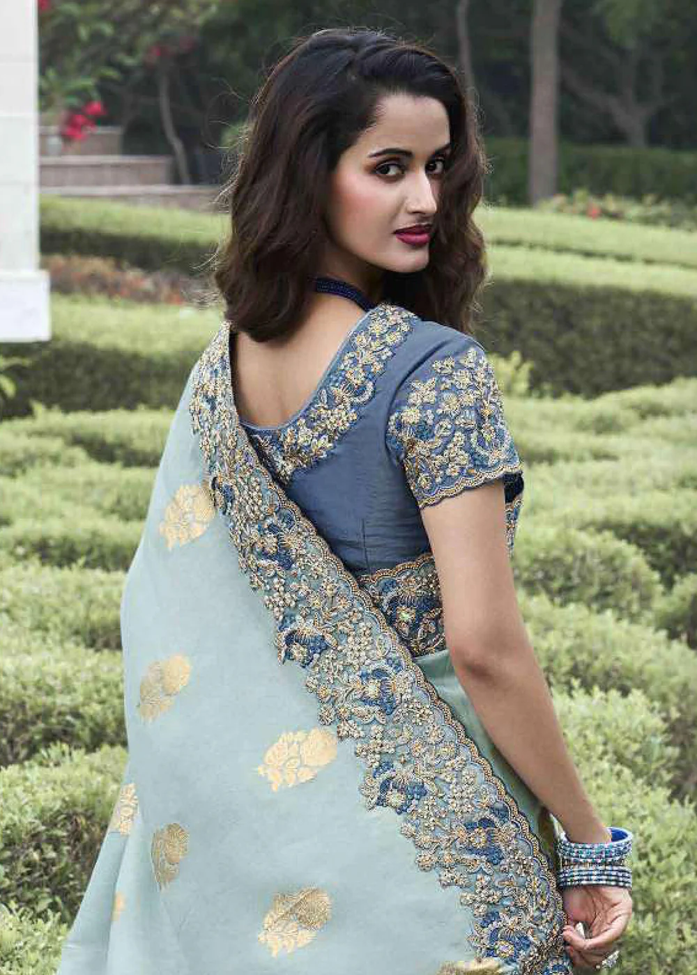 Blue Viscose Silk Embroidered Designer Wedding Saree - Image 3
