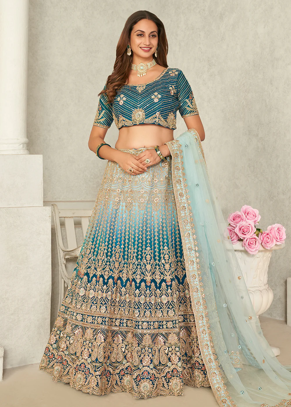 Blue Wedding Style Embroidered A Line Lehenga Choli