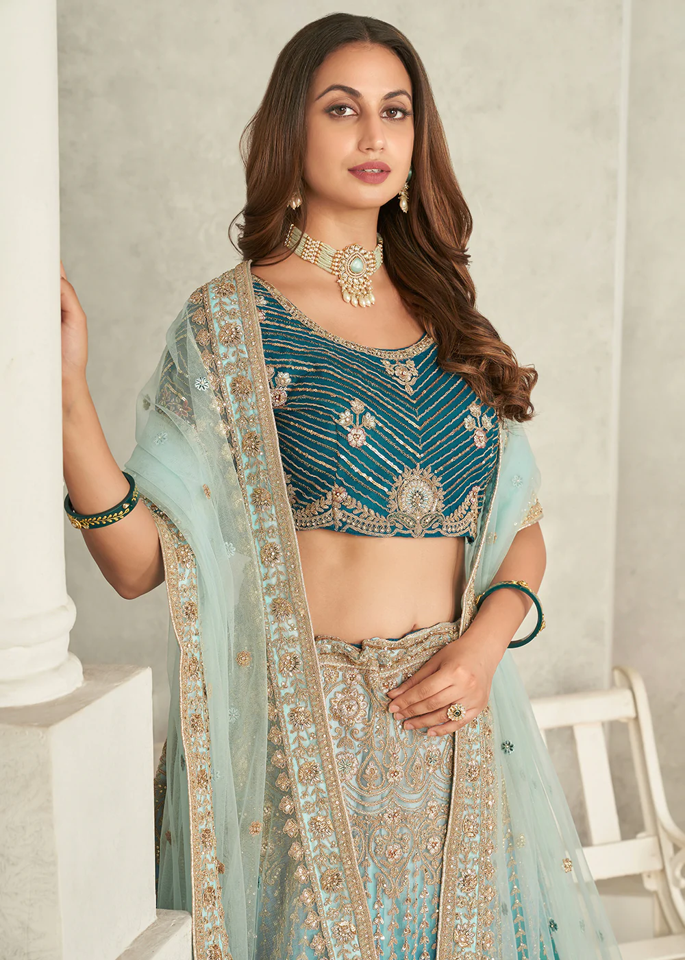 Blue Wedding Style Embroidered A Line Lehenga Choli - Image 2