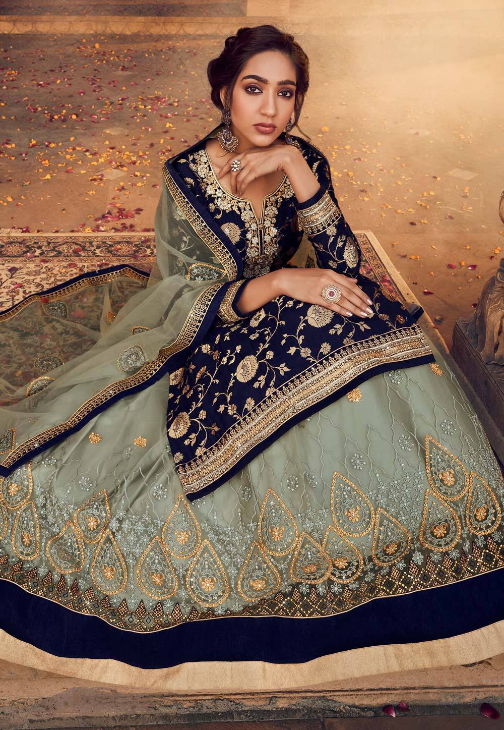 Blue Zari Embroidered Lehenga Style Suit - Image 3