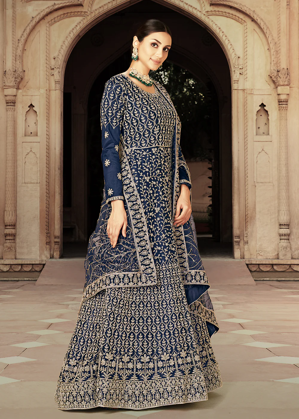 Blue Zarkan Diamond Embroidered Bridal Anarkali Suit - Image 3