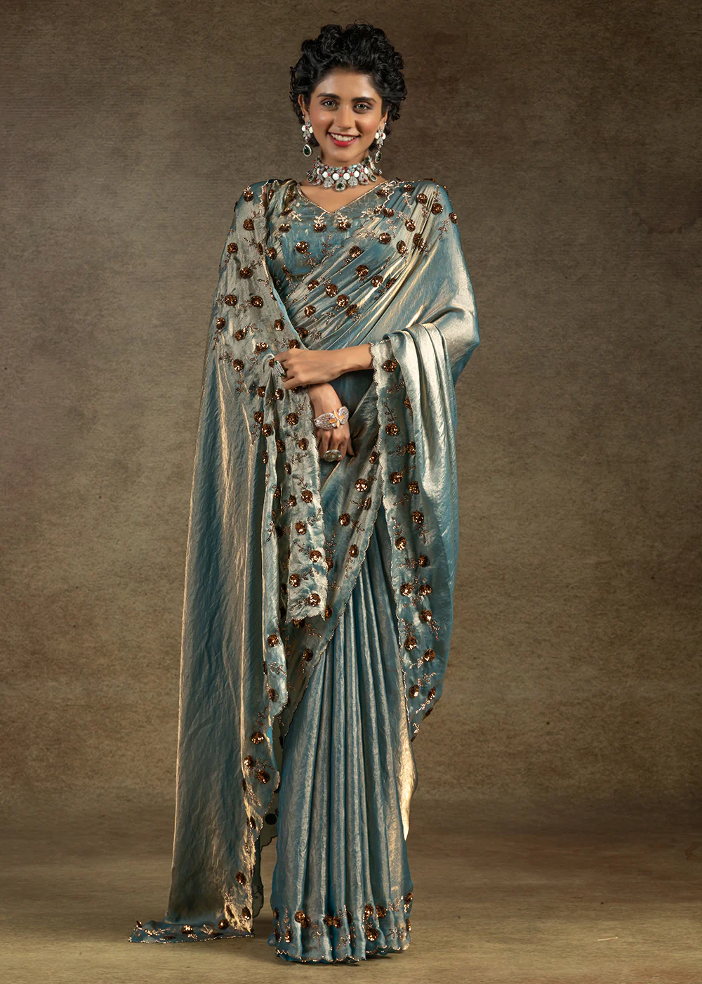 Blue Zarkan Work Embroidered Designer Party Wear Saree