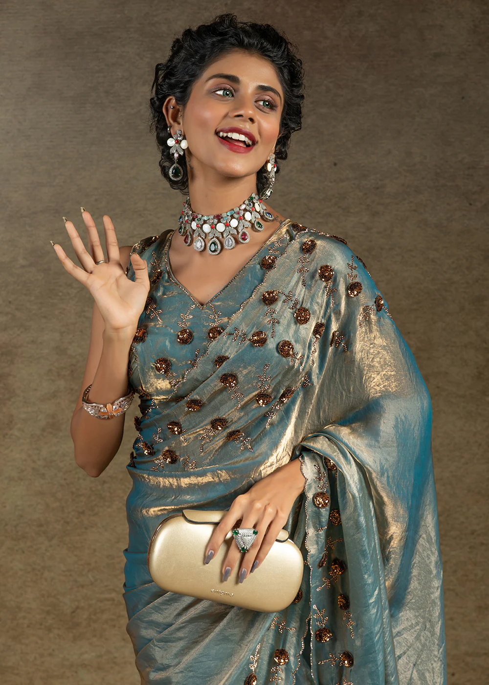 Blue Zarkan Work Embroidered Designer Party Wear Saree - Image 2
