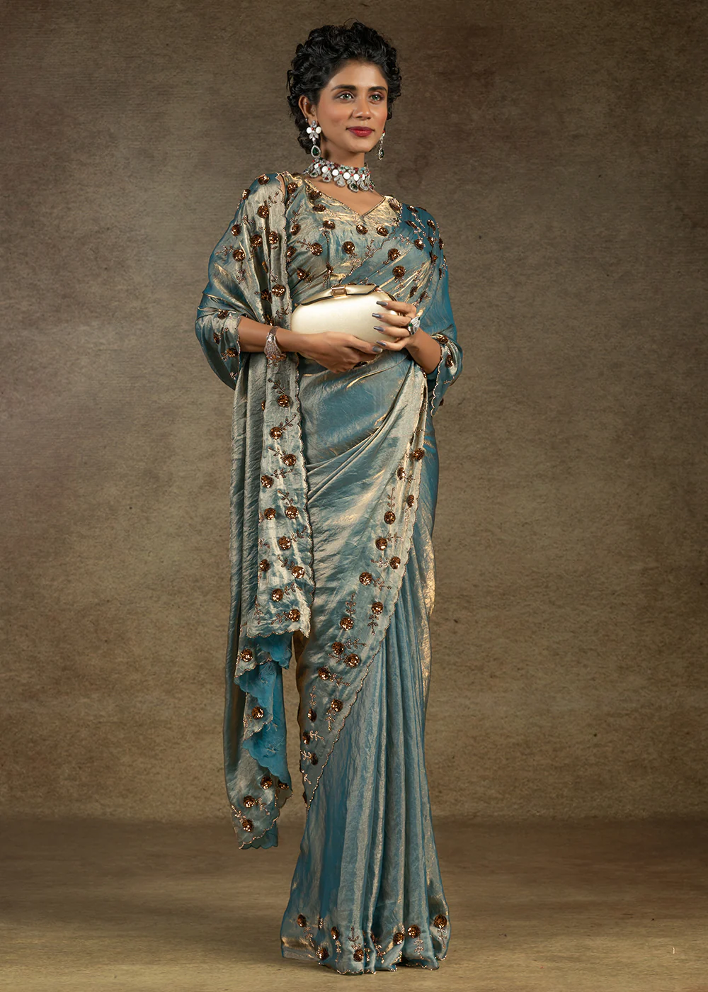 Blue Zarkan Work Embroidered Designer Party Wear Saree - Image 5