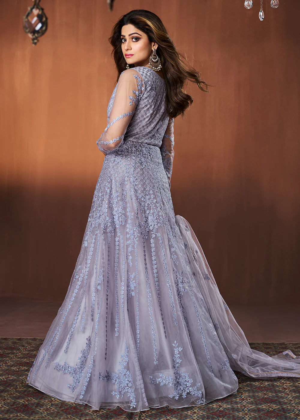 Bluish Grey All Over Embroidered Shamita Shetty Gown - Image 4