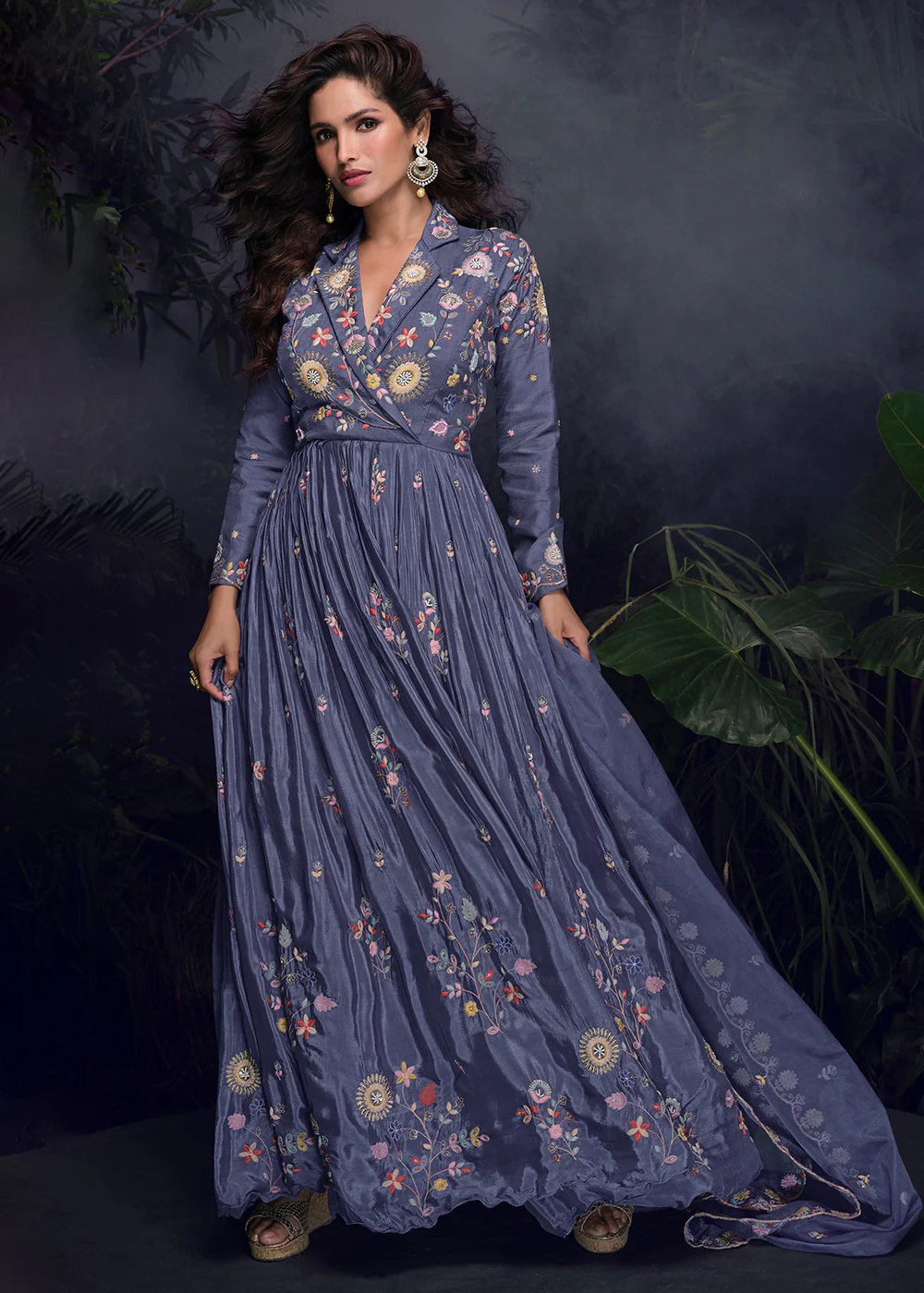 Bluish Grey Multi Threads Handwork Party Anarkali Gown