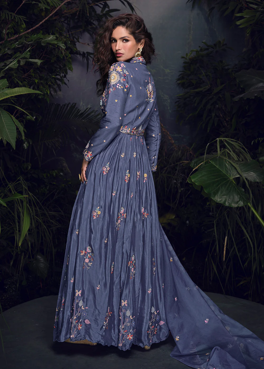 Bluish Grey Multi Threads Handwork Party Anarkali Gown - Image 3