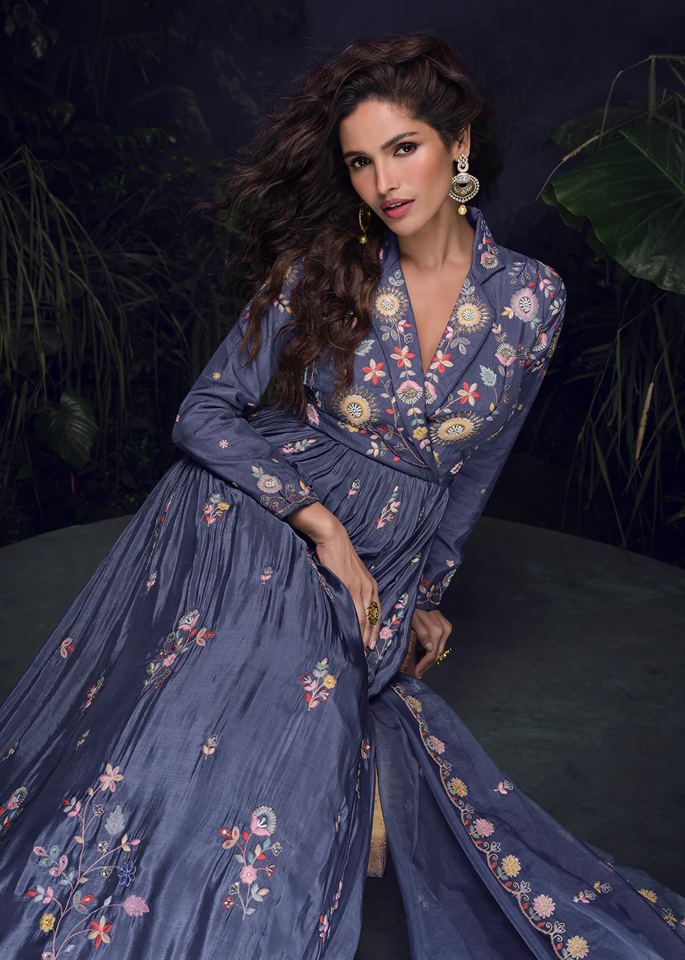 Bluish Grey Multi Threads Handwork Party Anarkali Gown - Image 4