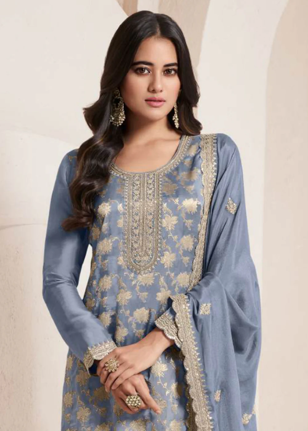 Bluish Grey Silk Jacquard Embroidered Festive Salwar Suit - Image 2
