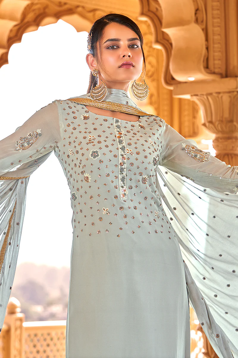 Bluish Grey Viscose Embroidered Salwar Suit - Image 3