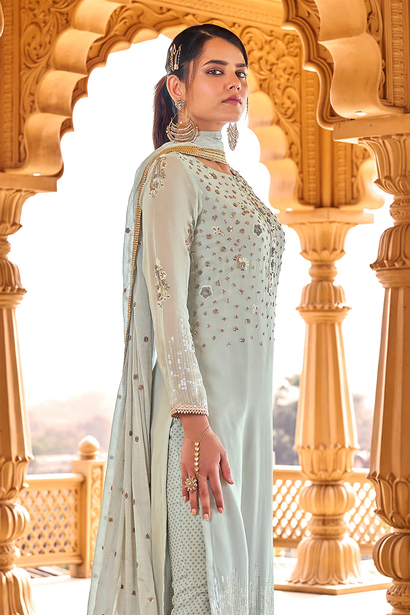 Bluish Grey Viscose Embroidered Salwar Suit - Image 4