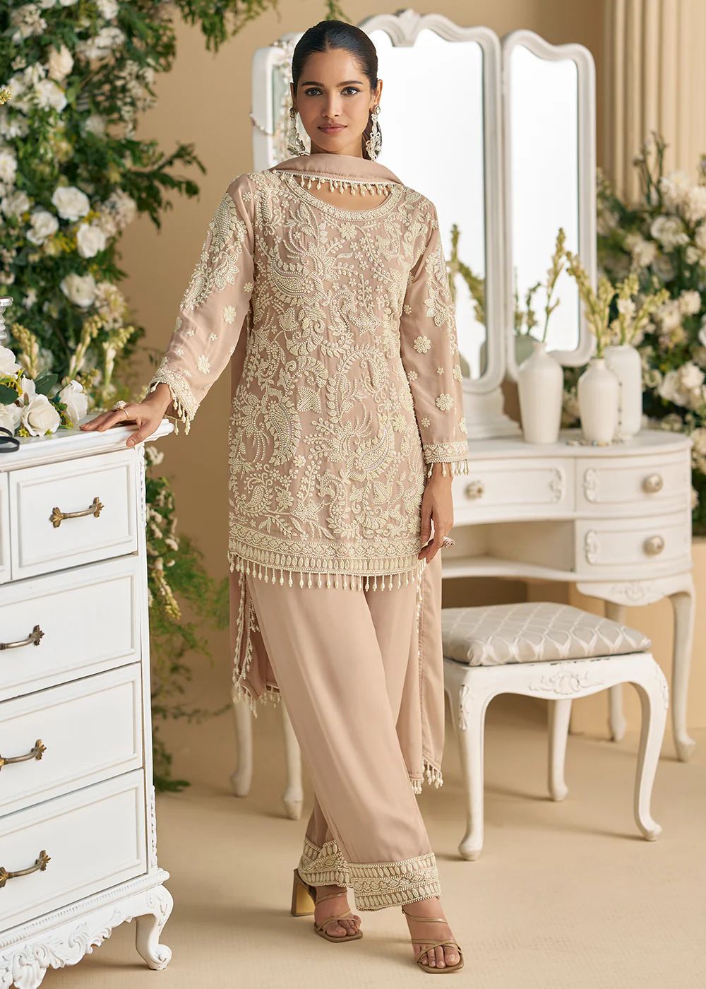 Blush Beige Georgette Chikankari Pant Style Suit