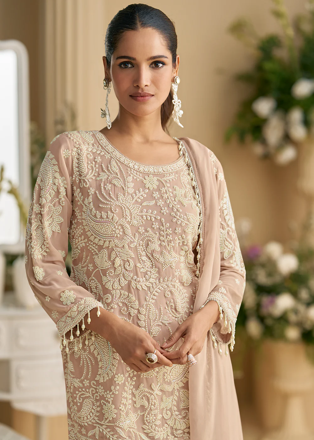 Blush Beige Georgette Chikankari Pant Style Suit - Image 2