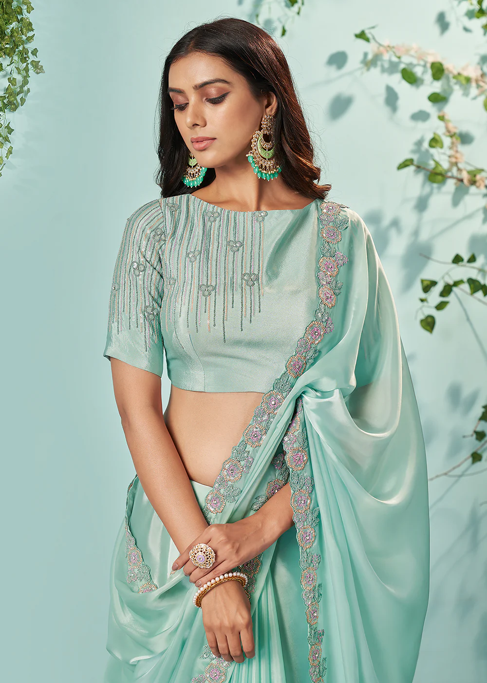 Blush Green Organza Silk Embroidered Designer Saree - Image 2