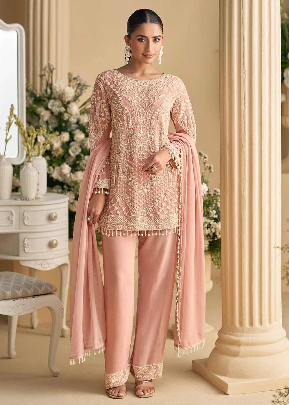 Blush Peach Georgette Chikankari Pant Style Suit