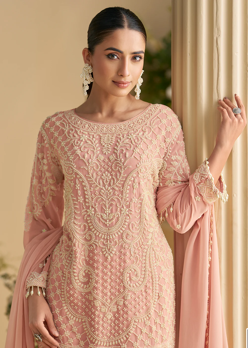 Blush Peach Georgette Chikankari Pant Style Suit - Image 2
