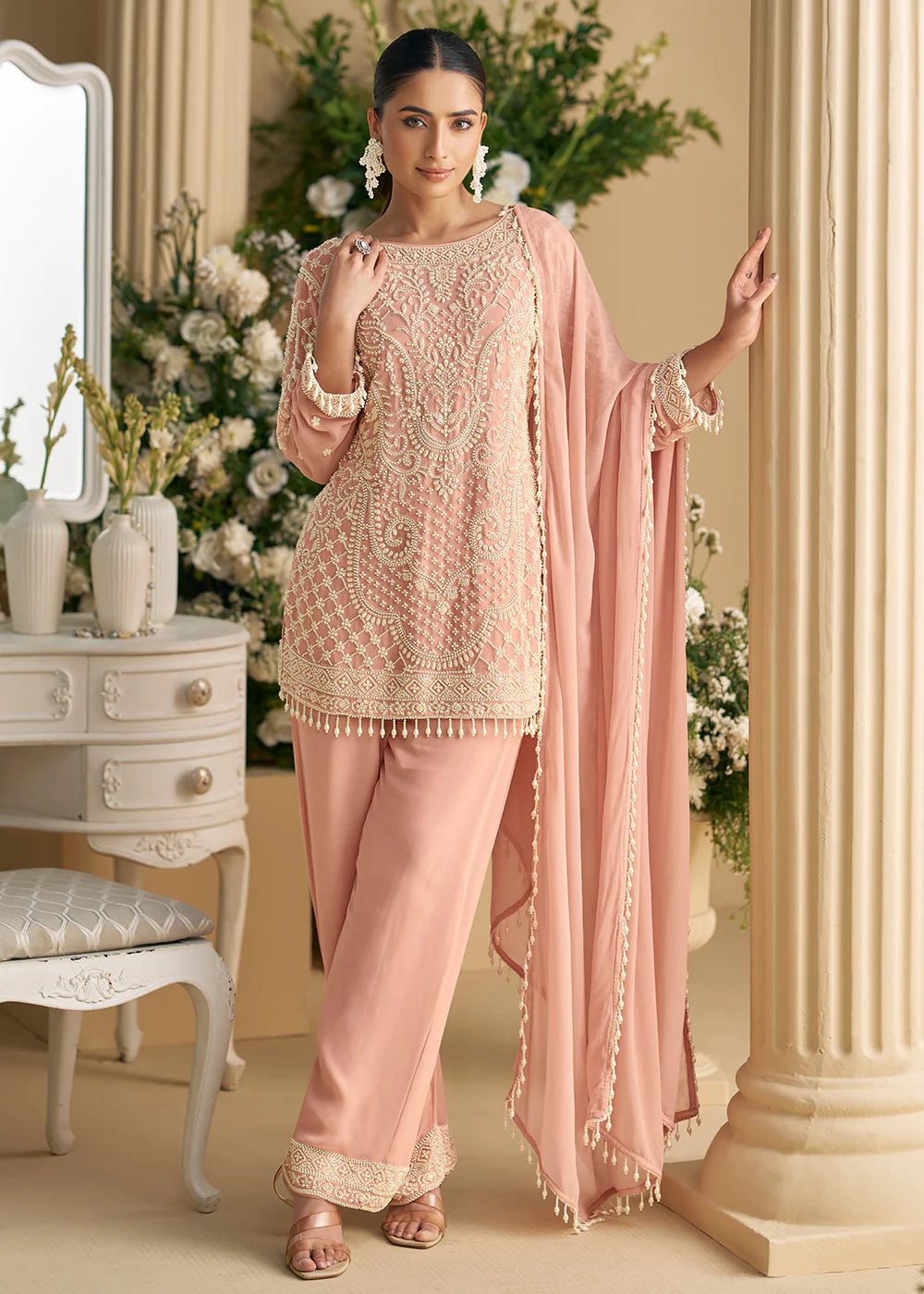 Blush Peach Georgette Chikankari Pant Style Suit - Image 3