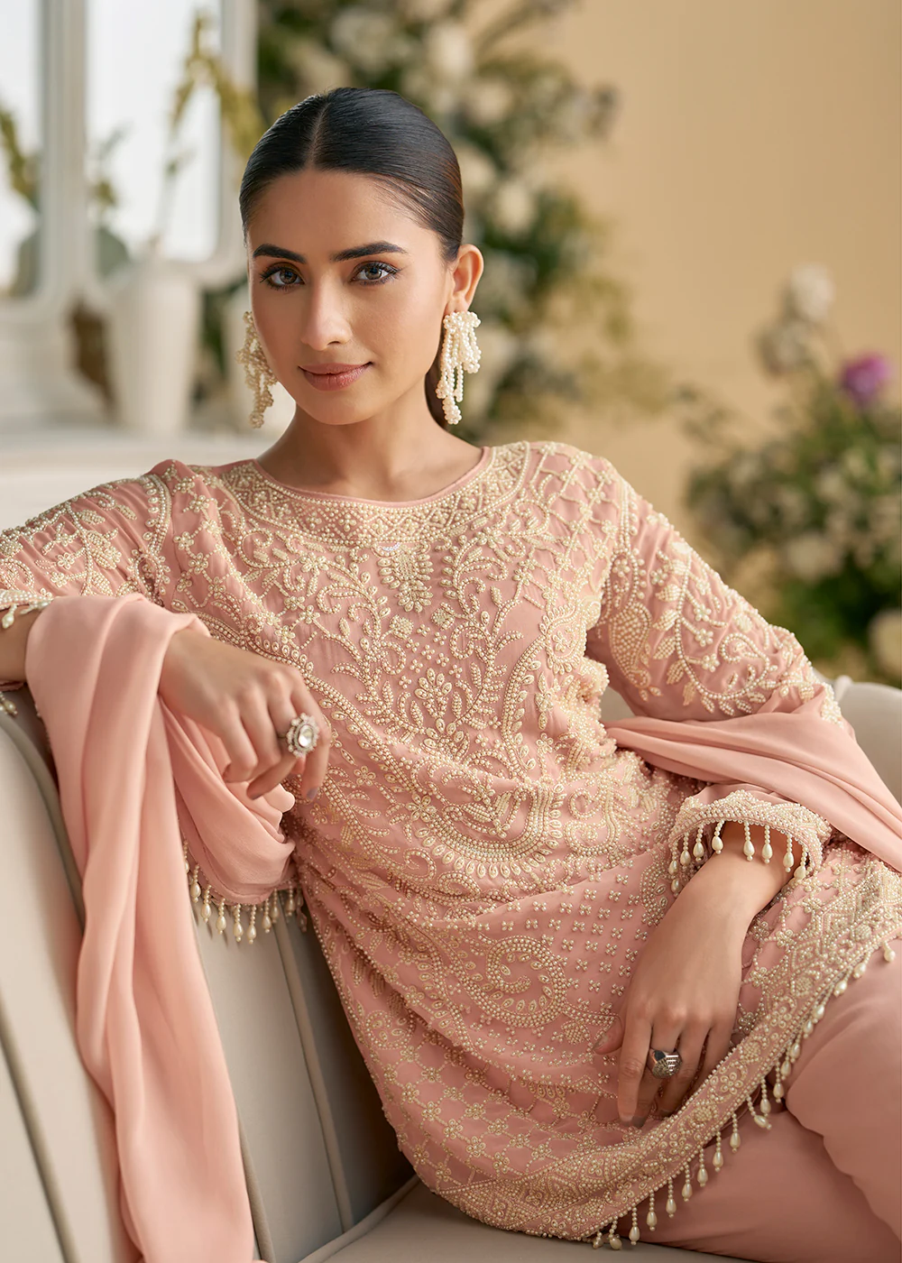 Blush Peach Georgette Chikankari Pant Style Suit - Image 4