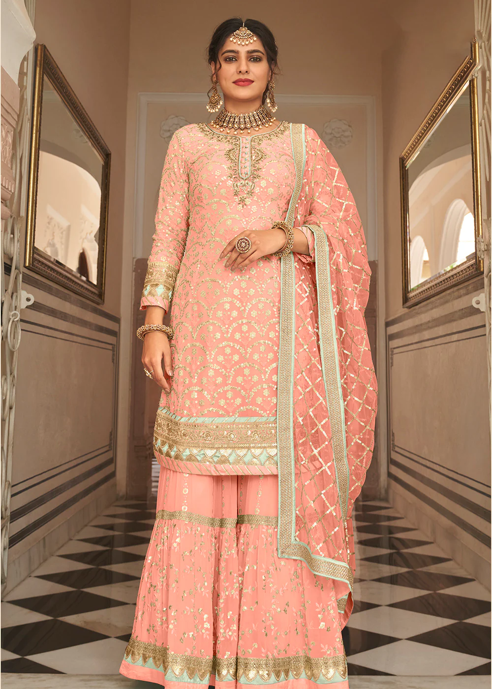 Blush Peach Sequins Embellished Wedding Wear Gharara Style Suit