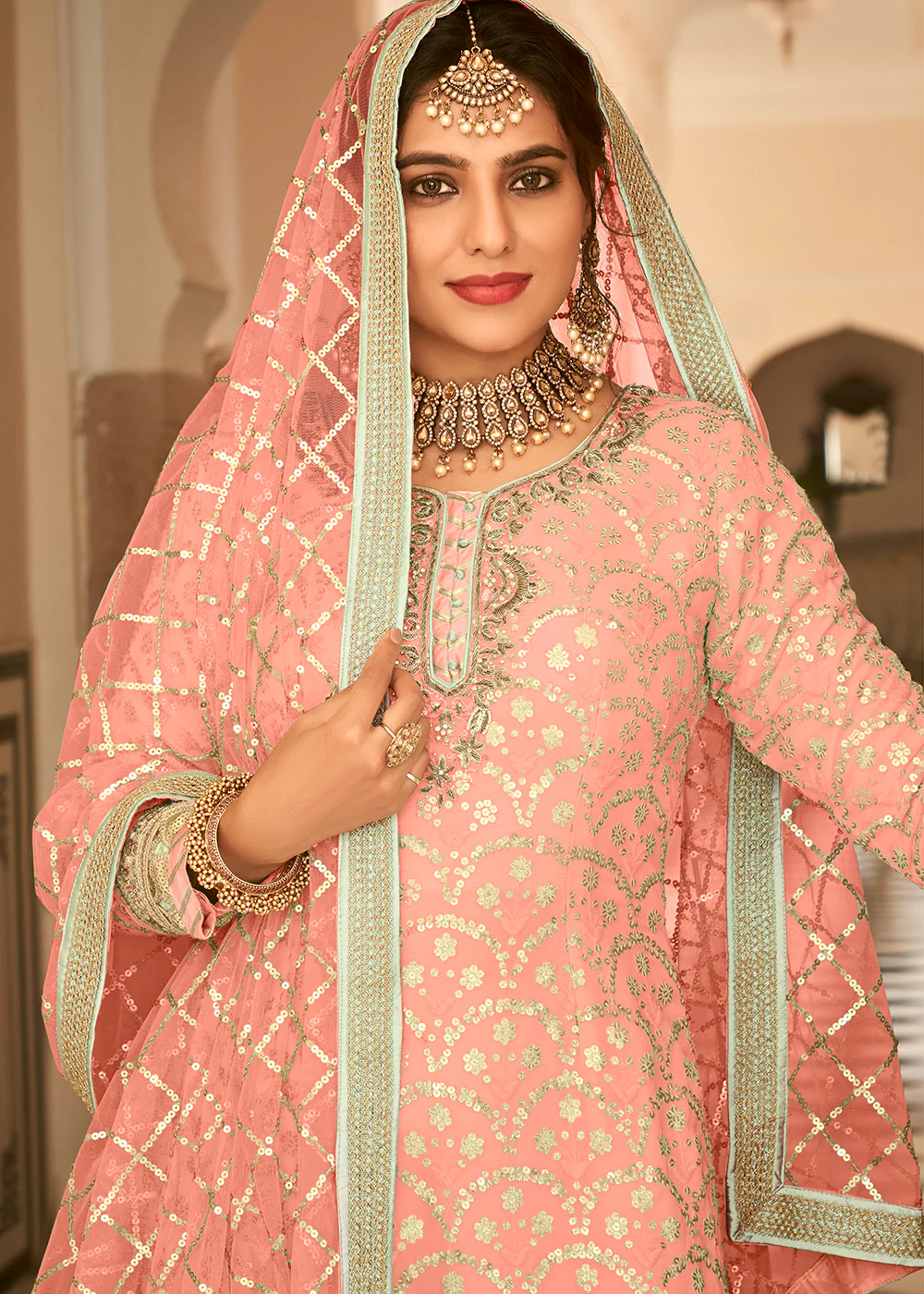 Blush Peach Sequins Embellished Wedding Wear Gharara Style Suit - Image 2