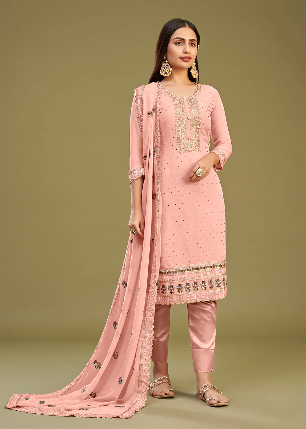 Blush Peach Swarovski Work & Embroidered Eid Wear Salwar Suit - Image 3