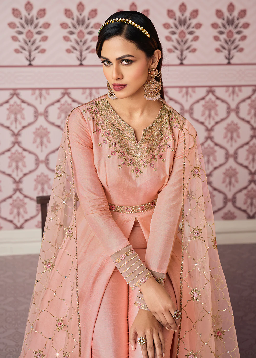 Blush Pink Art Silk Fabric Indian Embroidered Anarkali Suit - Image 2