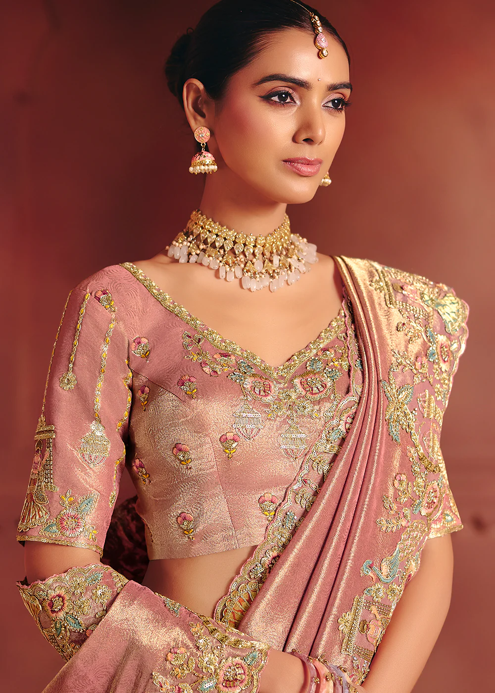 Blush Pink Designer Style Embroidered Wedding Saree - Image 2