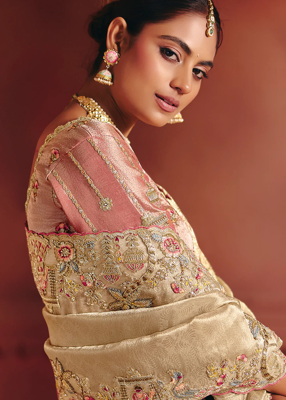 Blush Pink Designer Style Embroidered Wedding Saree - Image 3
