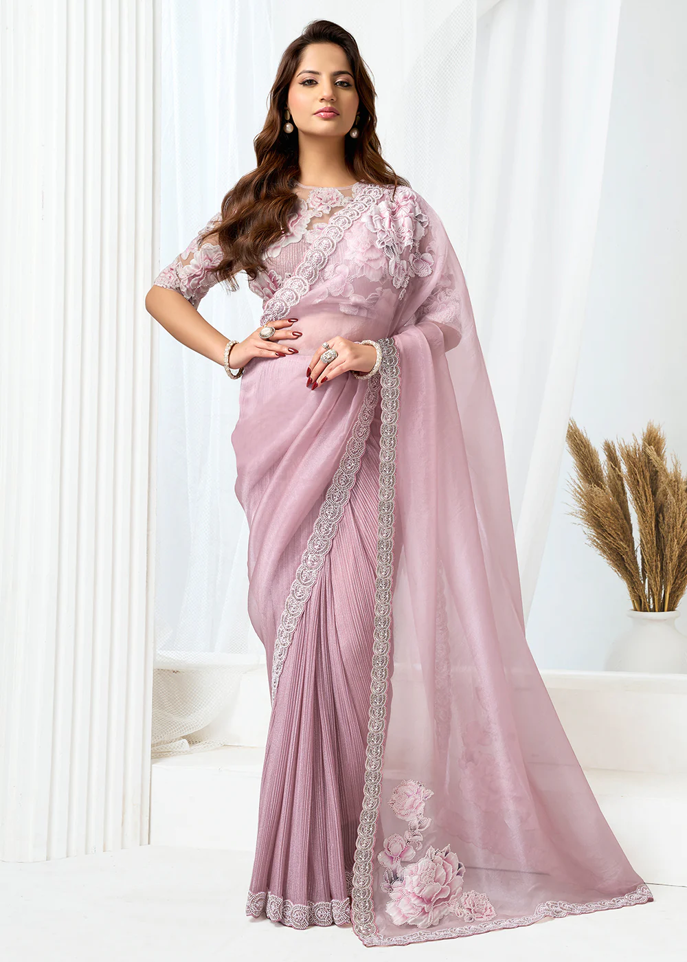 Blush Pink Fancy Material Designer Party Wear Saree