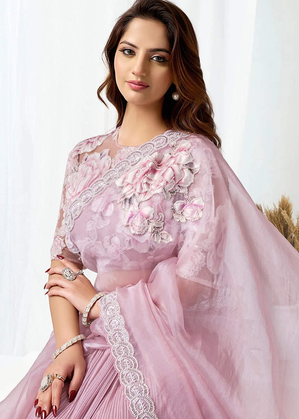 Blush Pink Fancy Material Designer Party Wear Saree - Image 3