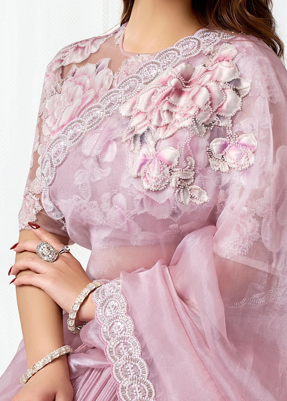 Blush Pink Fancy Material Designer Party Wear Saree - Image 6