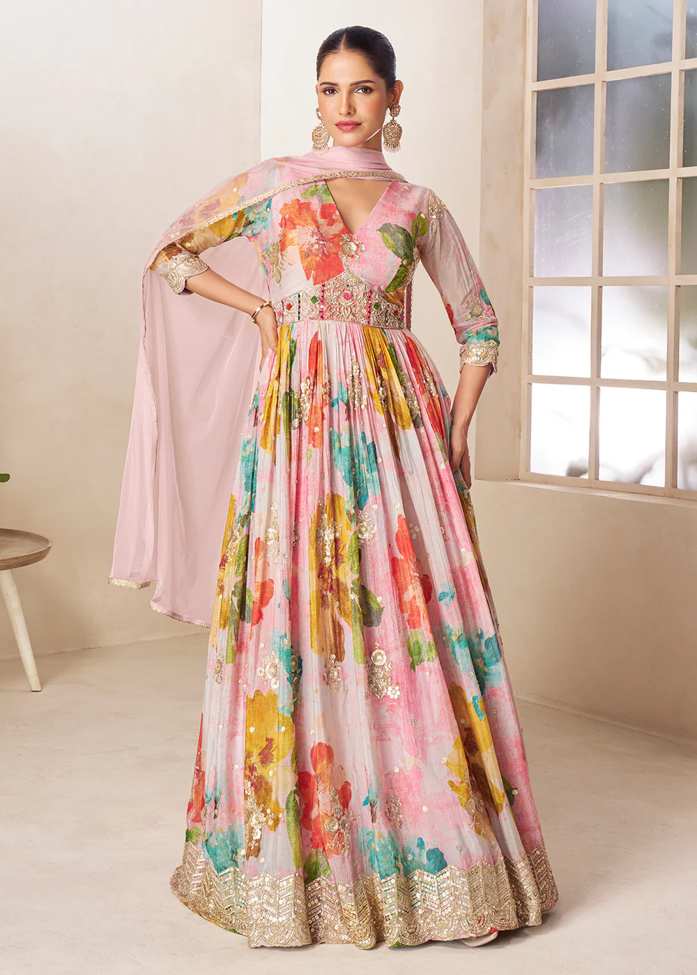 Blush Pink Floral Digital Printed Festive Anarkali Gown