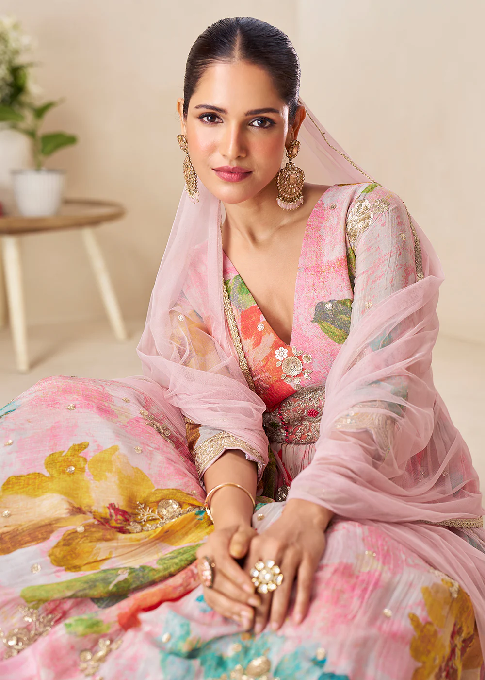 Blush Pink Floral Digital Printed Festive Anarkali Gown - Image 2