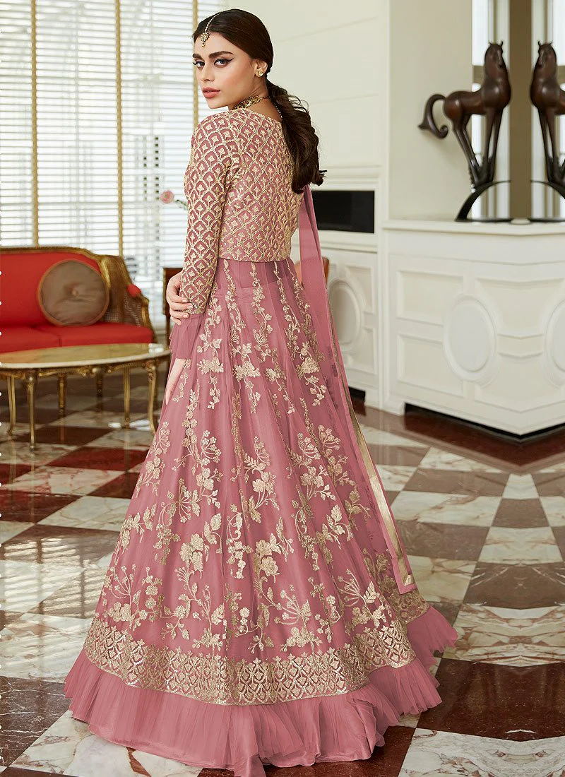Blush Pink Frilled Cuffs Net Lehenga Style Anarkali Suit - Image 2