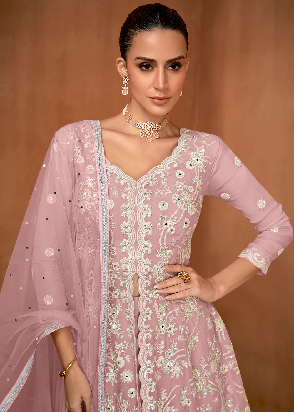 Blush Pink Georgette Embroidery Eid Wear Gharara Suit - Image 2