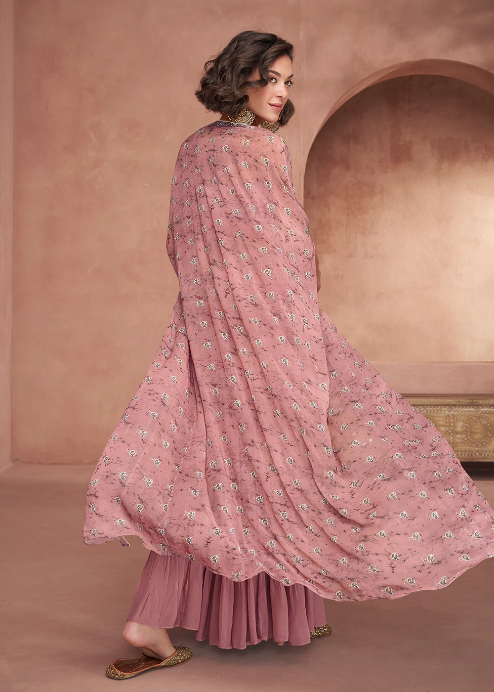 Blush Pink Jacket Style Sequins Work Indo Western Dress - Image 3