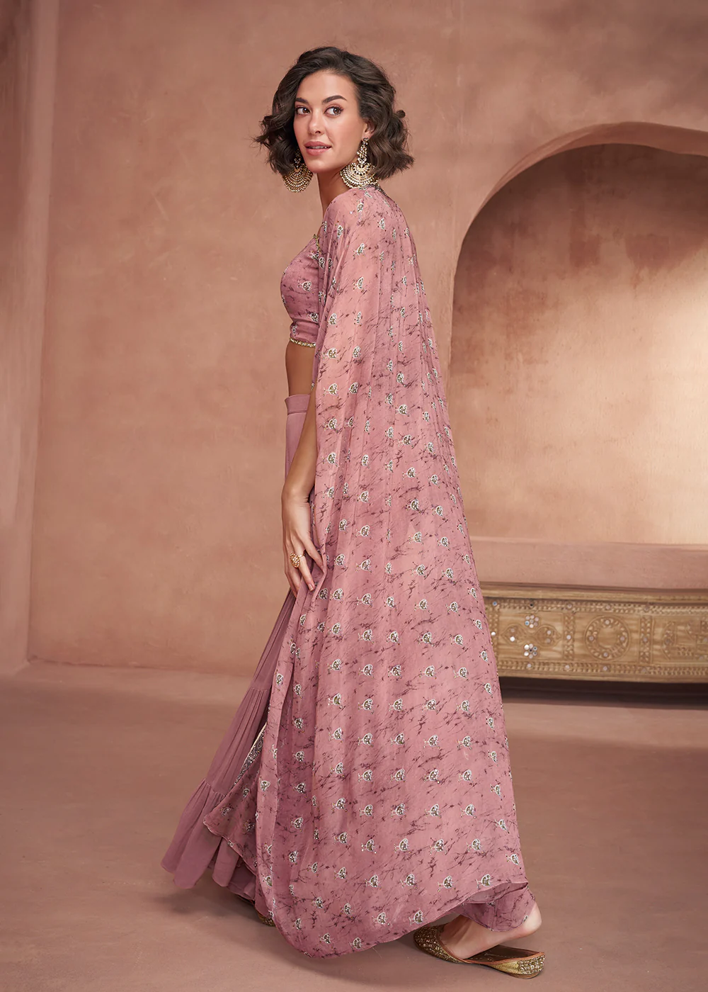 Blush Pink Jacket Style Sequins Work Indo Western Dress - Image 4