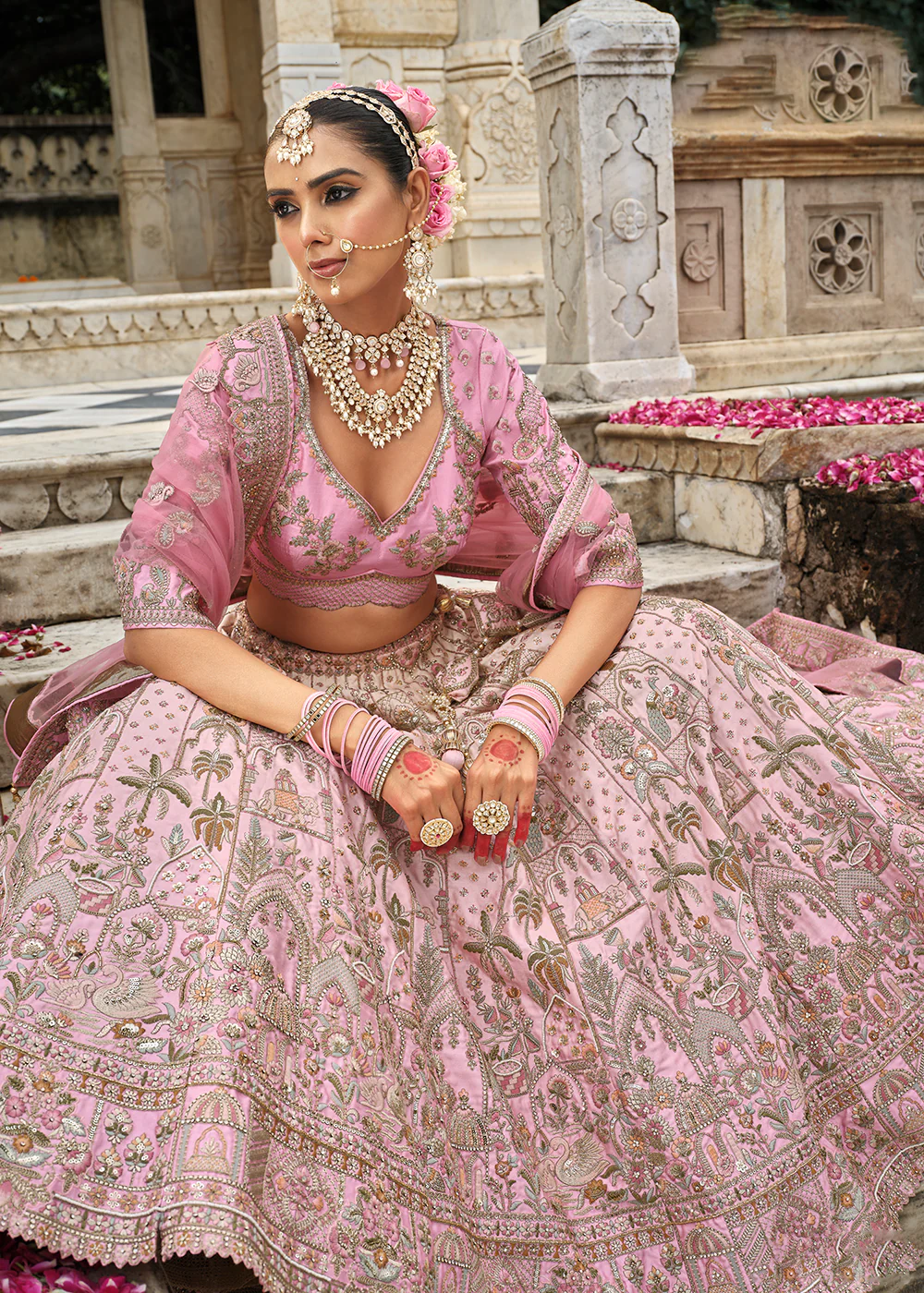 Blush Pink Khatli Embroidered Silk Bridal Lehenag Choli - Image 2